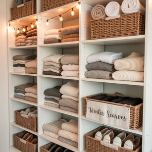 Wooden DIY closet shelves neatly organized with folded clothes, baskets, and storage bins in a small, well-lit closet.