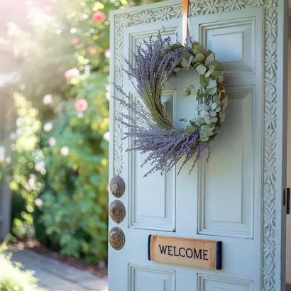 Front door decorated with a seasonal wreath, potted plants, and a welcome mat enhancing curb appeals.
