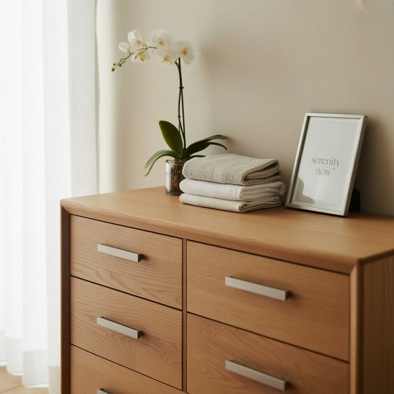 Modern bedroom dresser with six drawers in a sleek white finish, placed against a minimalist bedroom wall with decor on top.