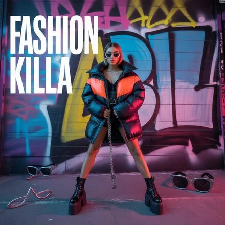 A stylish person modeling a bold, trendy outfit, embodying the "Fashion Killa" vibe with vibrant colors and modern accessories against an urban backdrop.