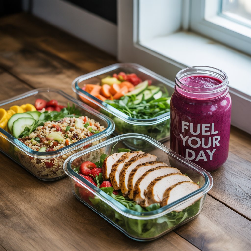A colorful array of healthy meal prep containers filled with vibrant vegetables, lean proteins, and whole grains, showcasing nutritious meal ideas for the week.