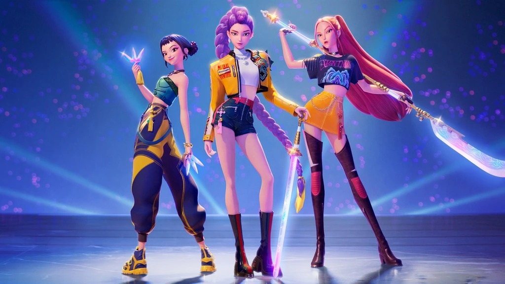 
Promotional poster for KPop Demon Hunters, featuring animated K-pop girl group Huntr/x (Rumi, Mira, Zoey) in vibrant outfits, wielding mystical weapons against a neon-lit Seoul backdrop, with the Saja Boys and demons looming.