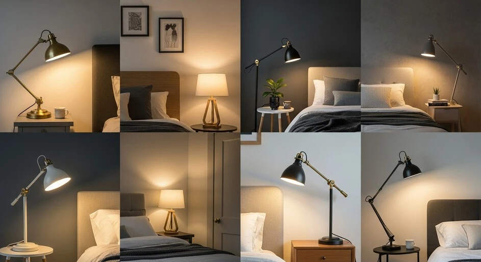 Modern bedroom lamps on a nightstand, casting a warm glow over a cozy bed, enhancing the room's ambiance with stylish lighting.