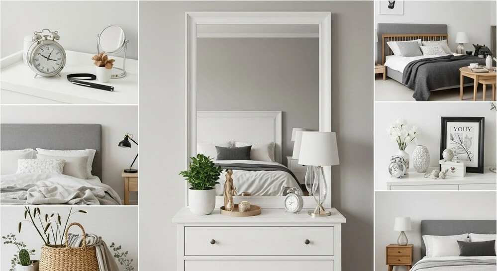 Elegant bedroom mirror ideas above a dresser, reflecting a cozy bed and modern decor, adding depth and style to the room's layout.