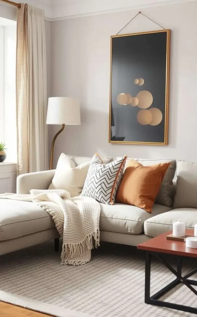 Modern living room with sleek furniture, neutral tones, and vibrant accents, showcasing contemporary design ideas for a stylish, cozy space.