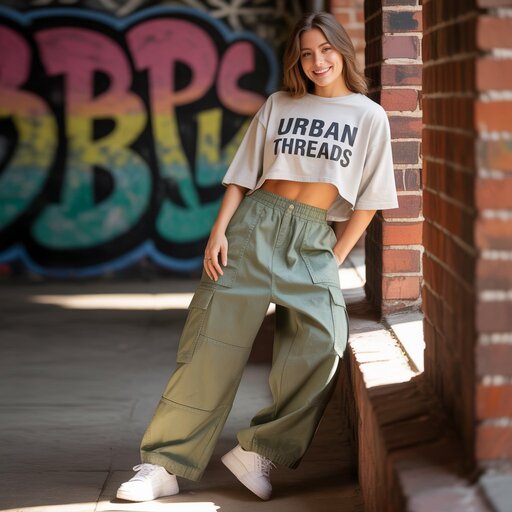 A person wearing Baggy style outfit, featuring oversized denim jeans, a loose graphic tee, and chunky sneakers, standing against an urban street background.
