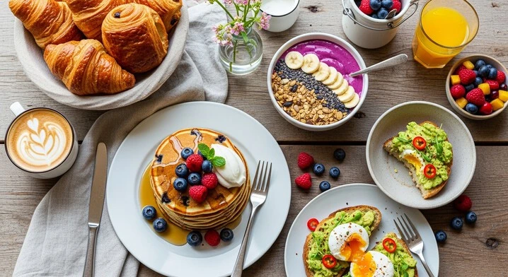A vibrant breakfast inspo scene featuring a colorful smoothie bowl topped with fresh fruits, granola, and chia seeds, alongside a cup of coffee on a rustic wooden table.