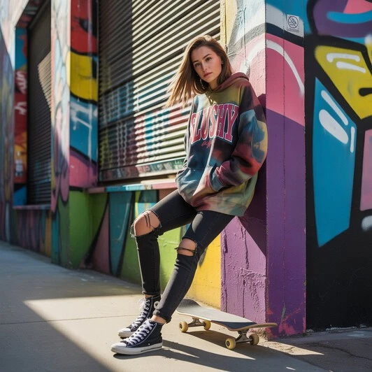 A vibrant skater aesthetic scene with baggy streetwear, bold sneakers, and a skateboard against an urban backdrop with graffiti and concrete.