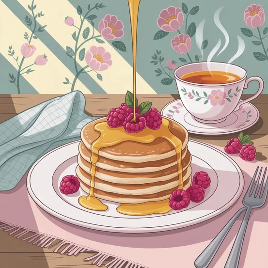 Colorful breakfast drawing featuring a plate of pancakes, eggs, and coffee on a sunny table.
